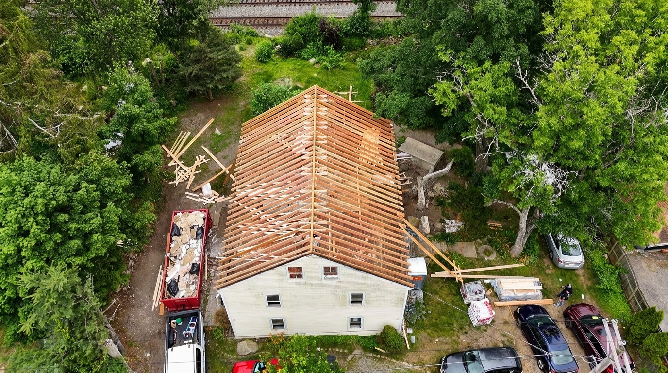 Completed residential roofing replacement with architectural shingles by HBO Construction