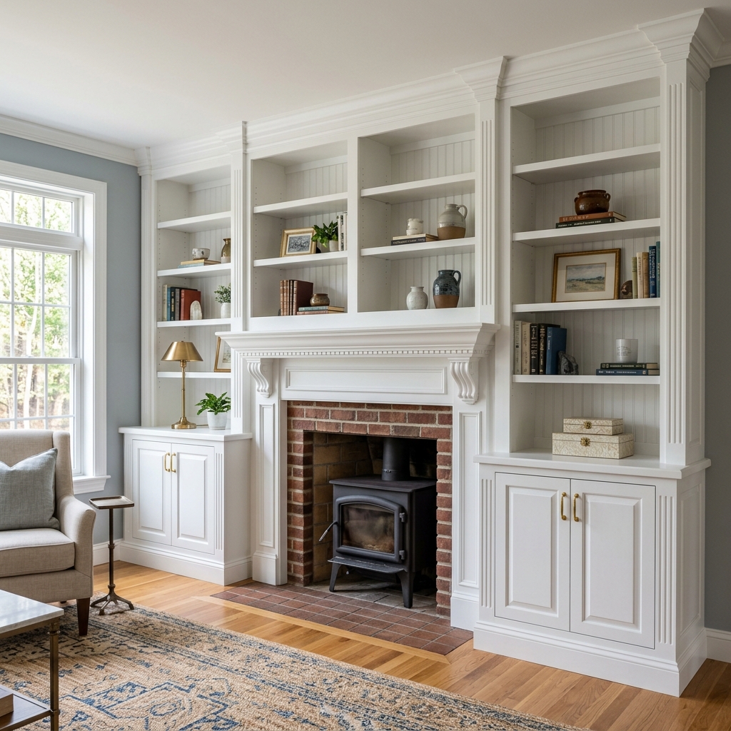 Custom built-in shelving with trim and millwork in Brookline, MA
