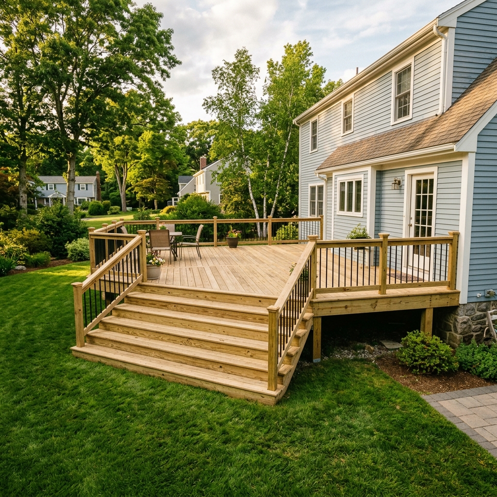 Custom pressure-treated wood deck construction in Framingham, MA
