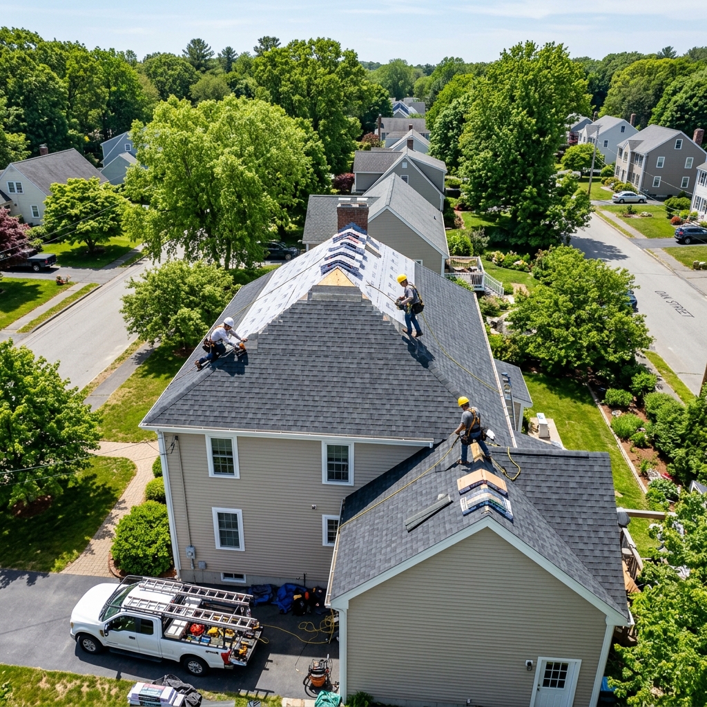 Architectural shingle installation on residential home in Lowell, MA